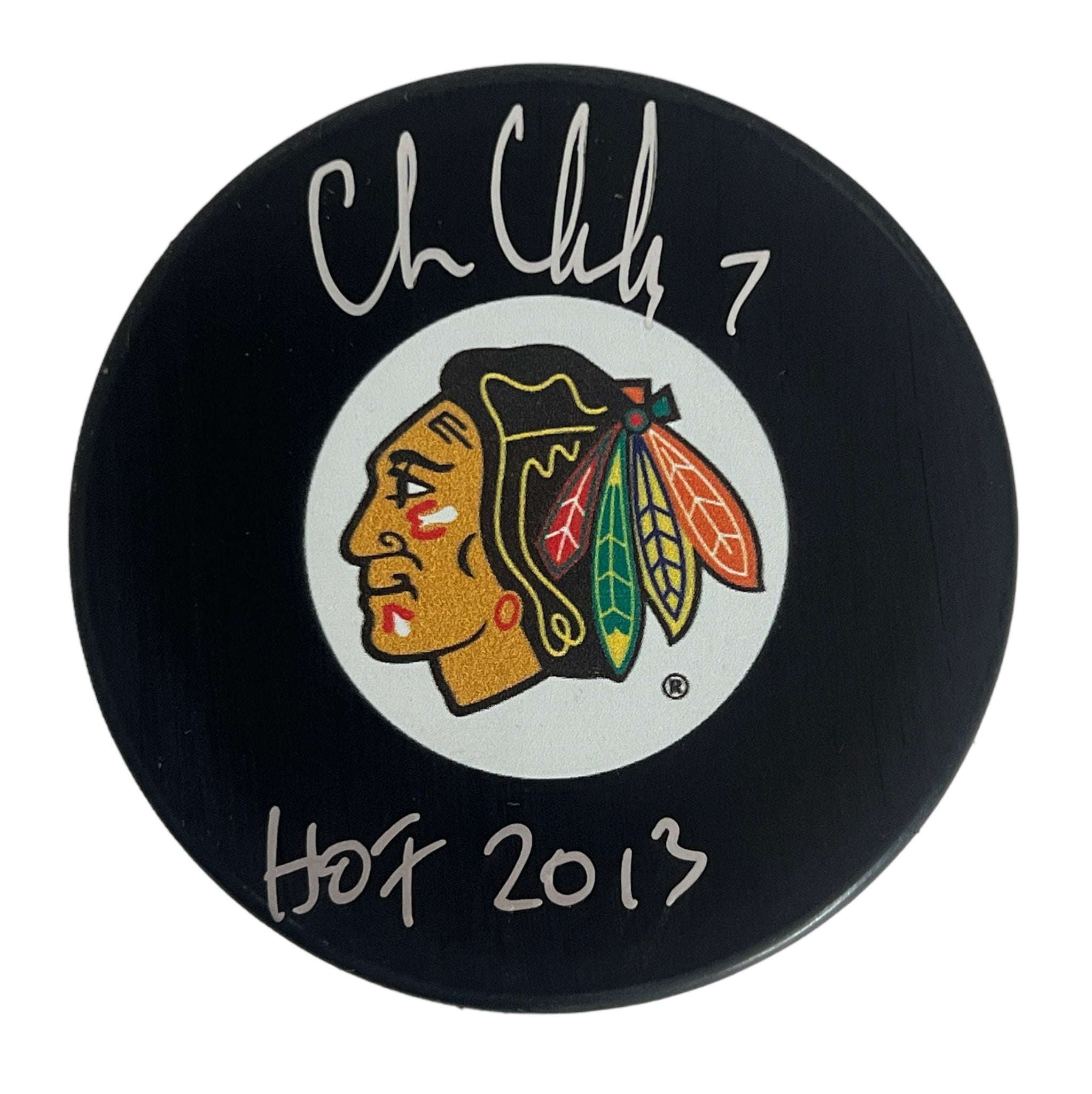 Chris Chelios ~ Chicago Blackhawks HOF Autographed Puck