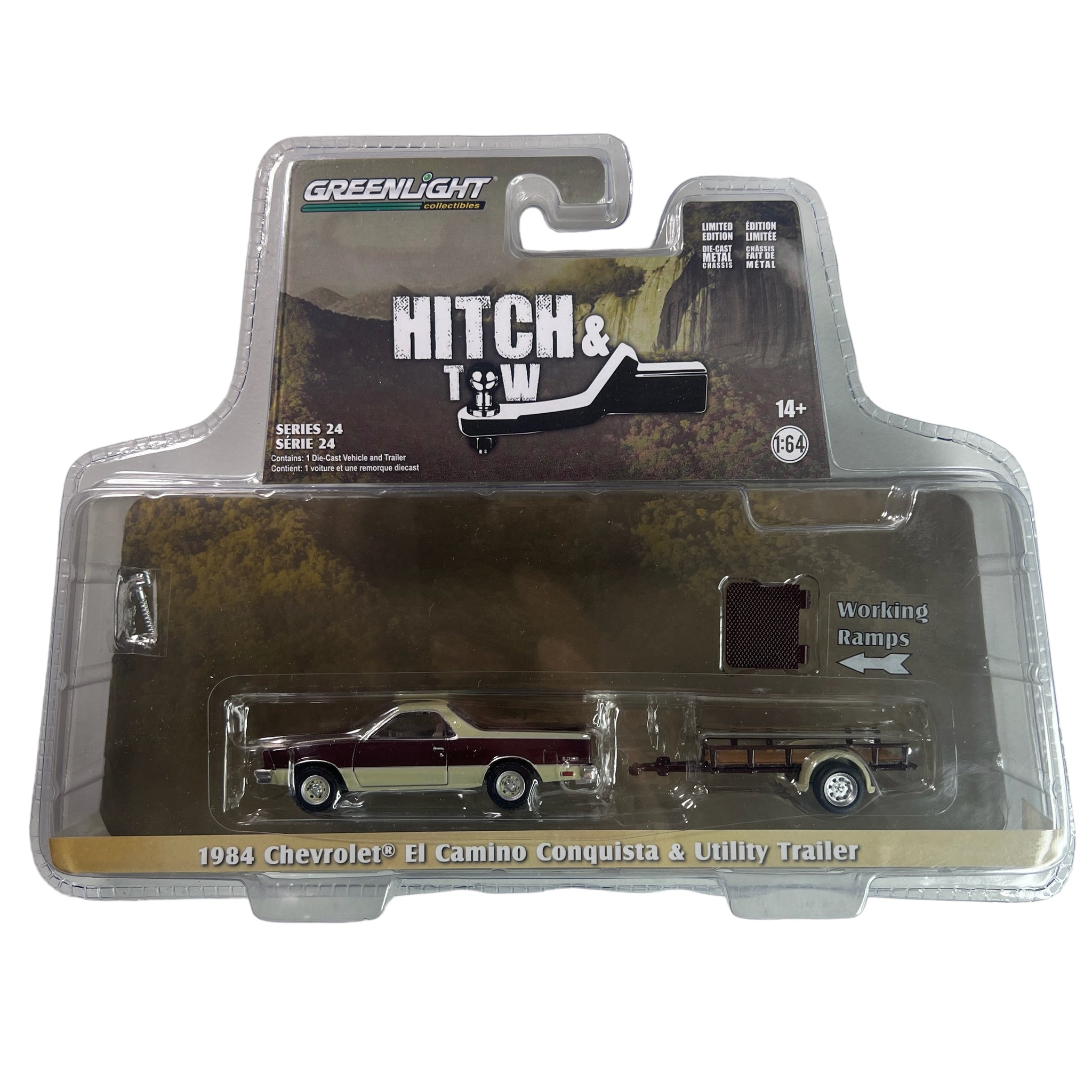 GreenLight ~ Hitch & Tow 1984 Chevrolet El Camino Conquista & Utility Trailer. 1:64 Scale