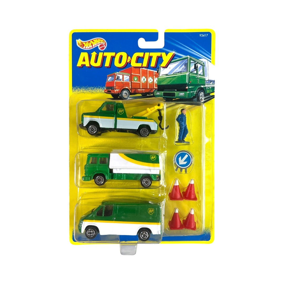 Hot Wheels Auto City toy vehicle set in packaging with three cars and traffic cones.