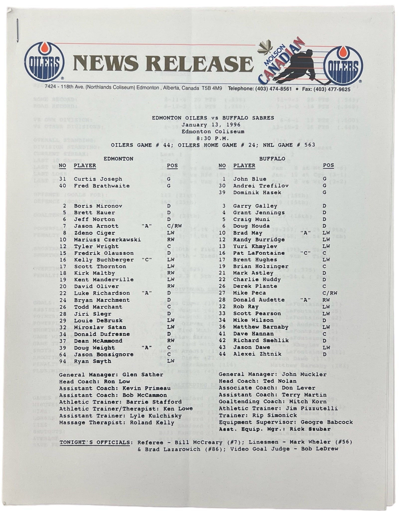 Edmonton Oilers News Release ~ January 13, 1996